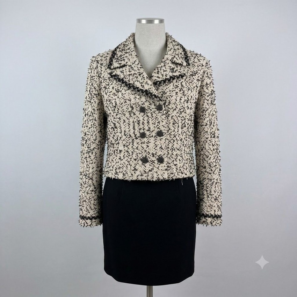 St John Couture Jacket Womens 16/18 White Black Boucle Tweed Double Breasted